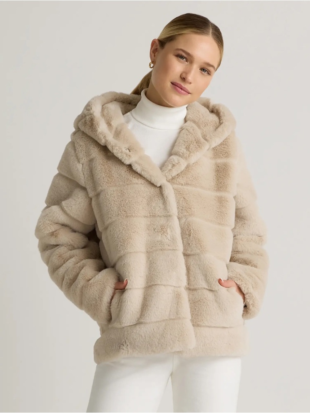 Quince Plush Hooded Teddy jacket in Latte